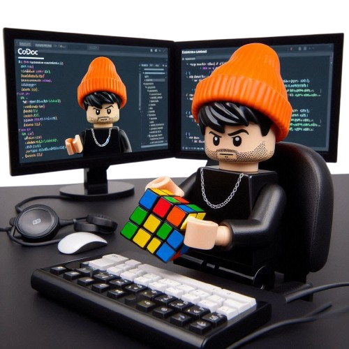 Um personagem de Lego programando em um notebook